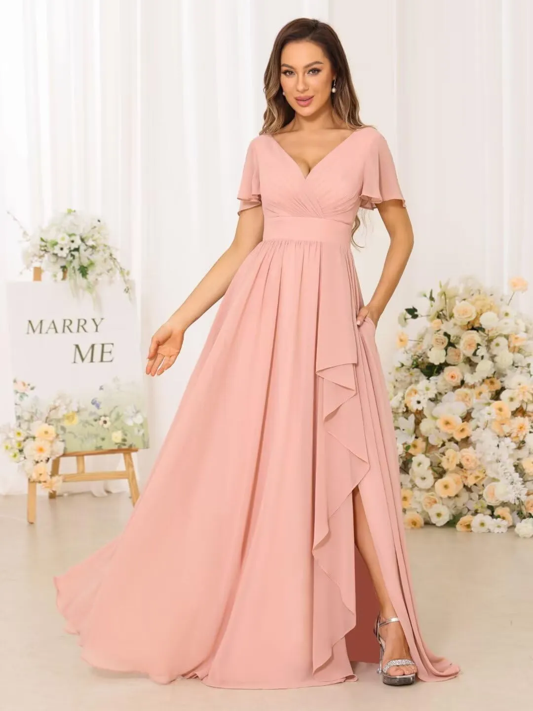 Women's V Neck Chiffon Bridesmaid Dresses with Pockets Pleated Aline Formal Evening Dresses with Slit 2025 RO008X