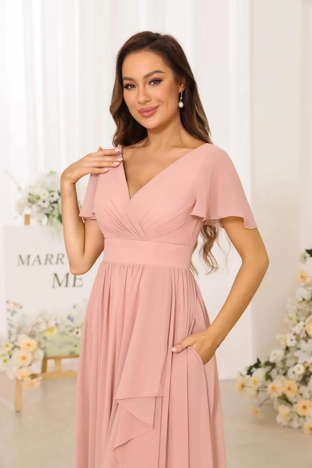 Women's V Neck Chiffon Bridesmaid Dresses with Pockets Pleated Aline Formal Evening Dresses with Slit 2025 RO008X