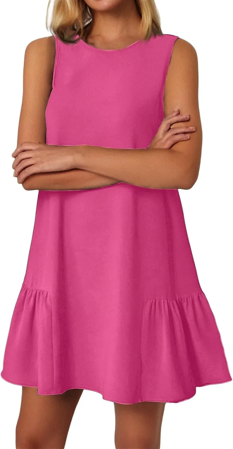 Women's Vacation Outfits 2025 Sleeveless Round Neck Tank Ruffle Loose Mini Sundresses with Pocket, S-2XL