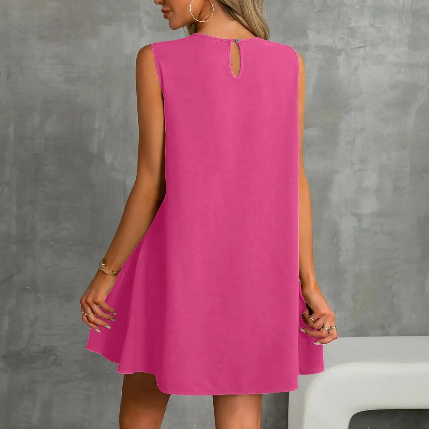 Women's Vacation Outfits 2025 Sleeveless Round Neck Tank Ruffle Loose Mini Sundresses with Pocket, S-2XL