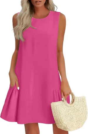 Women's Vacation Outfits 2025 Sleeveless Round Neck Tank Ruffle Loose Mini Sundresses with Pocket, S-2XL