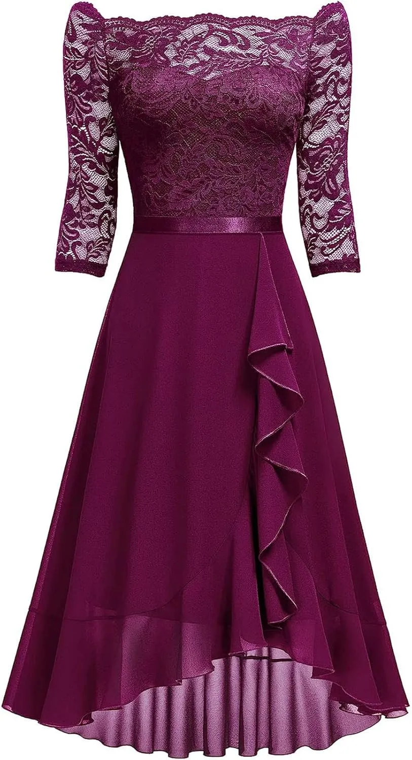 Womens Vintage Evening Dress Lace 3/4 Sleeve Prom Gown Formal Midi Dresses Scoop Neck A Line Chiffon Cocktail Dress
