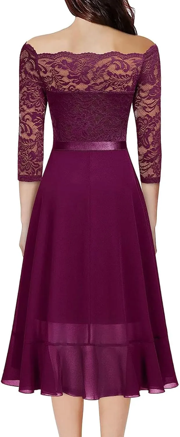 Womens Vintage Evening Dress Lace 3/4 Sleeve Prom Gown Formal Midi Dresses Scoop Neck A Line Chiffon Cocktail Dress