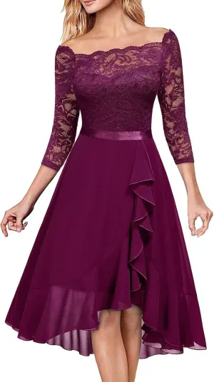 Womens Vintage Evening Dress Lace 3/4 Sleeve Prom Gown Formal Midi Dresses Scoop Neck A Line Chiffon Cocktail Dress