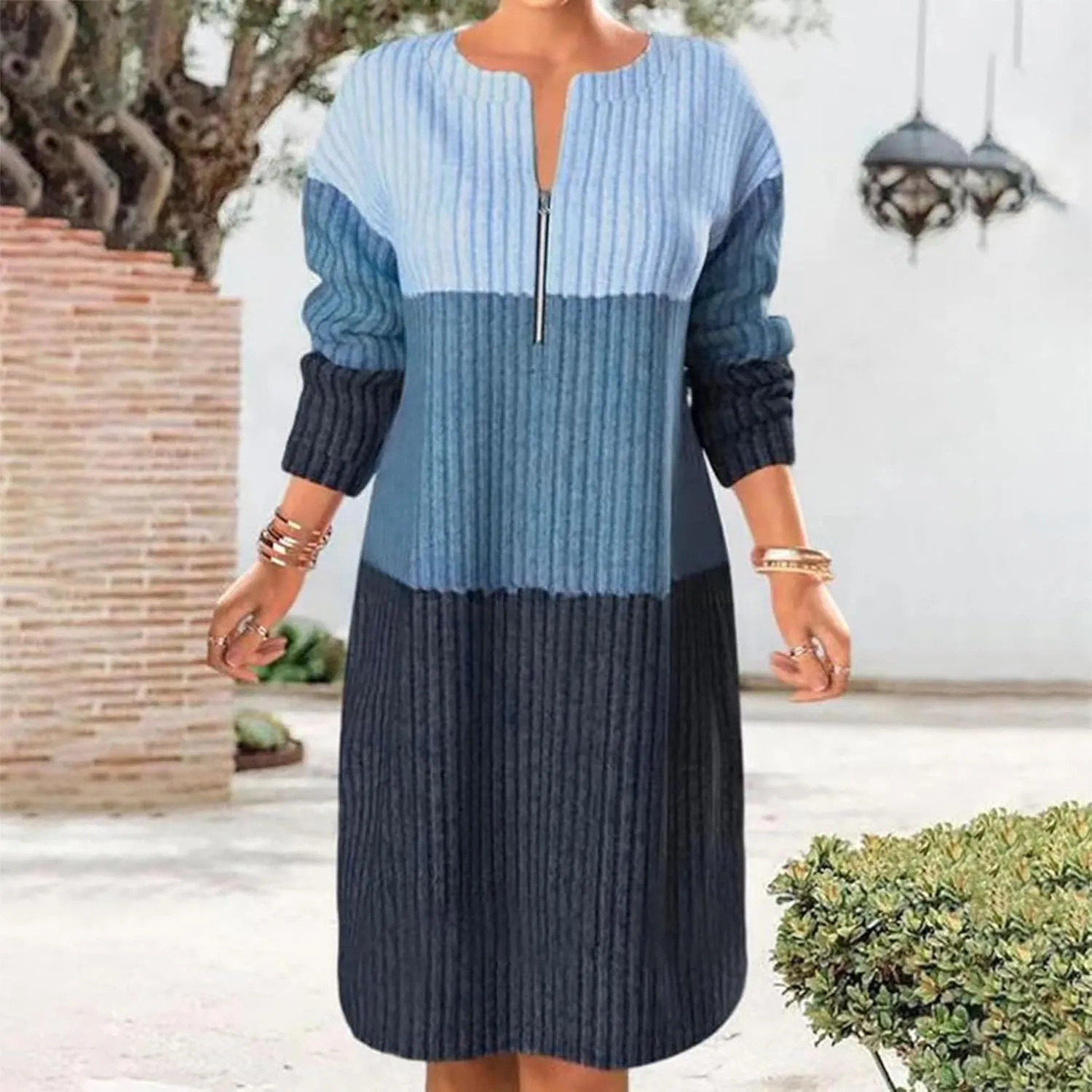 Women's Zip Up Front V Neck Long Sleeve Midi Casual Shift Dresses Plus Size Colorblock Midi Dress Comfy Sweater Dress