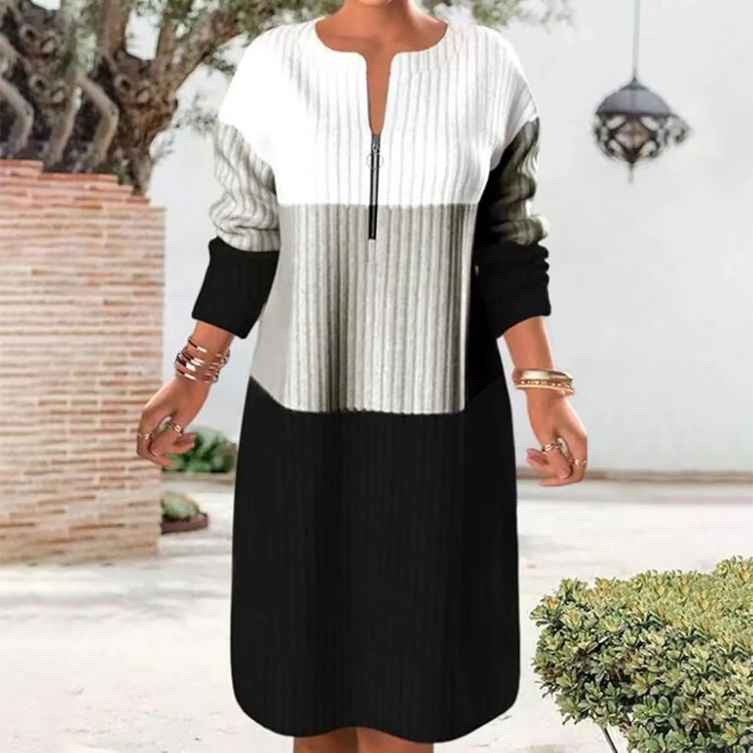 Women's Zip Up Front V Neck Long Sleeve Midi Casual Shift Dresses Plus Size Colorblock Midi Dress Comfy Sweater Dress