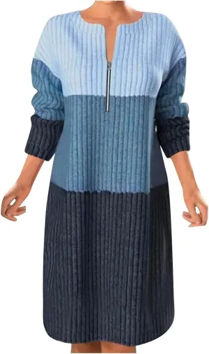 Women's Zip Up Front V Neck Long Sleeve Midi Casual Shift Dresses Plus Size Colorblock Midi Dress Comfy Sweater Dress