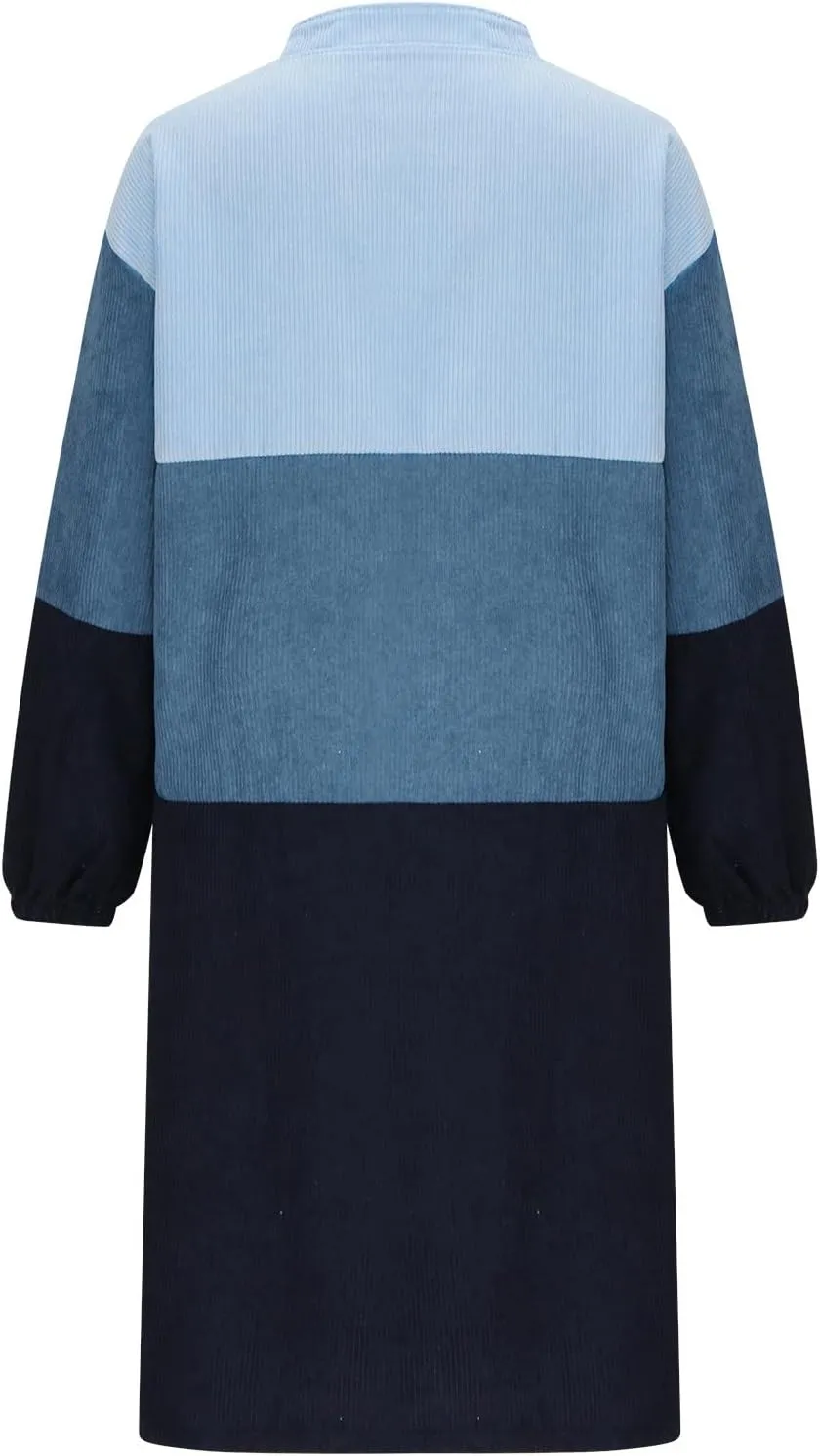 Women's Zip Up Front V Neck Long Sleeve Midi Casual Shift Dresses Plus Size Colorblock Midi Dress Comfy Sweater Dress