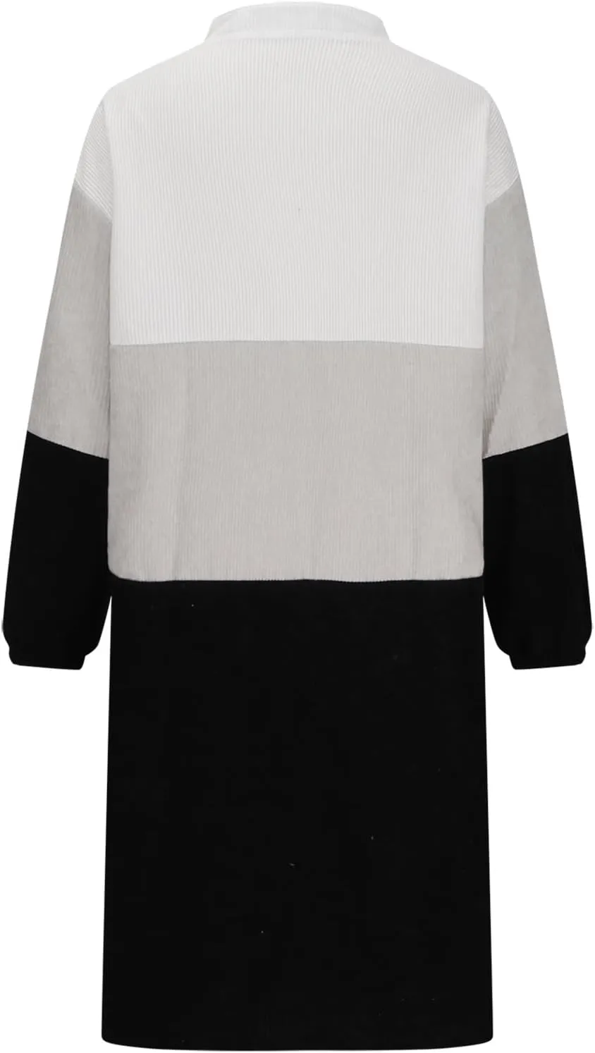 Women's Zip Up Front V Neck Long Sleeve Midi Casual Shift Dresses Plus Size Colorblock Midi Dress Comfy Sweater Dress