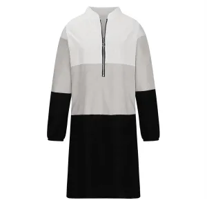 Women's Zip Up Front V Neck Long Sleeve Midi Casual Shift Dresses Plus Size Colorblock Midi Dress Comfy Sweater Dress