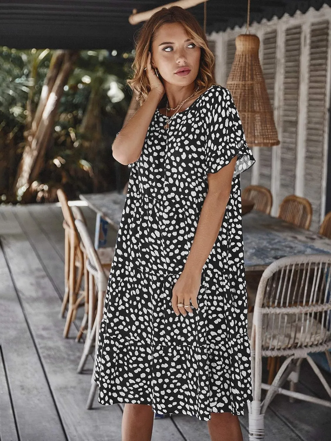 Woolicity Women's 2024 Floral Summer Dress Bohemian Maxi Dresses Wrap V Neck Short Sleeve Belted Midi Long Sun Dresses