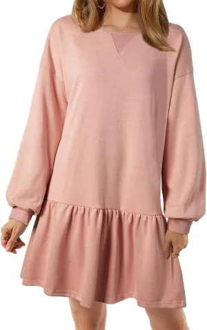 Wowcarbazole Womens Fall Long Sleeve Crewneck Oversized Sweatshirt Dress Casual Loose Fit Solid Color Cute Mini Dresses