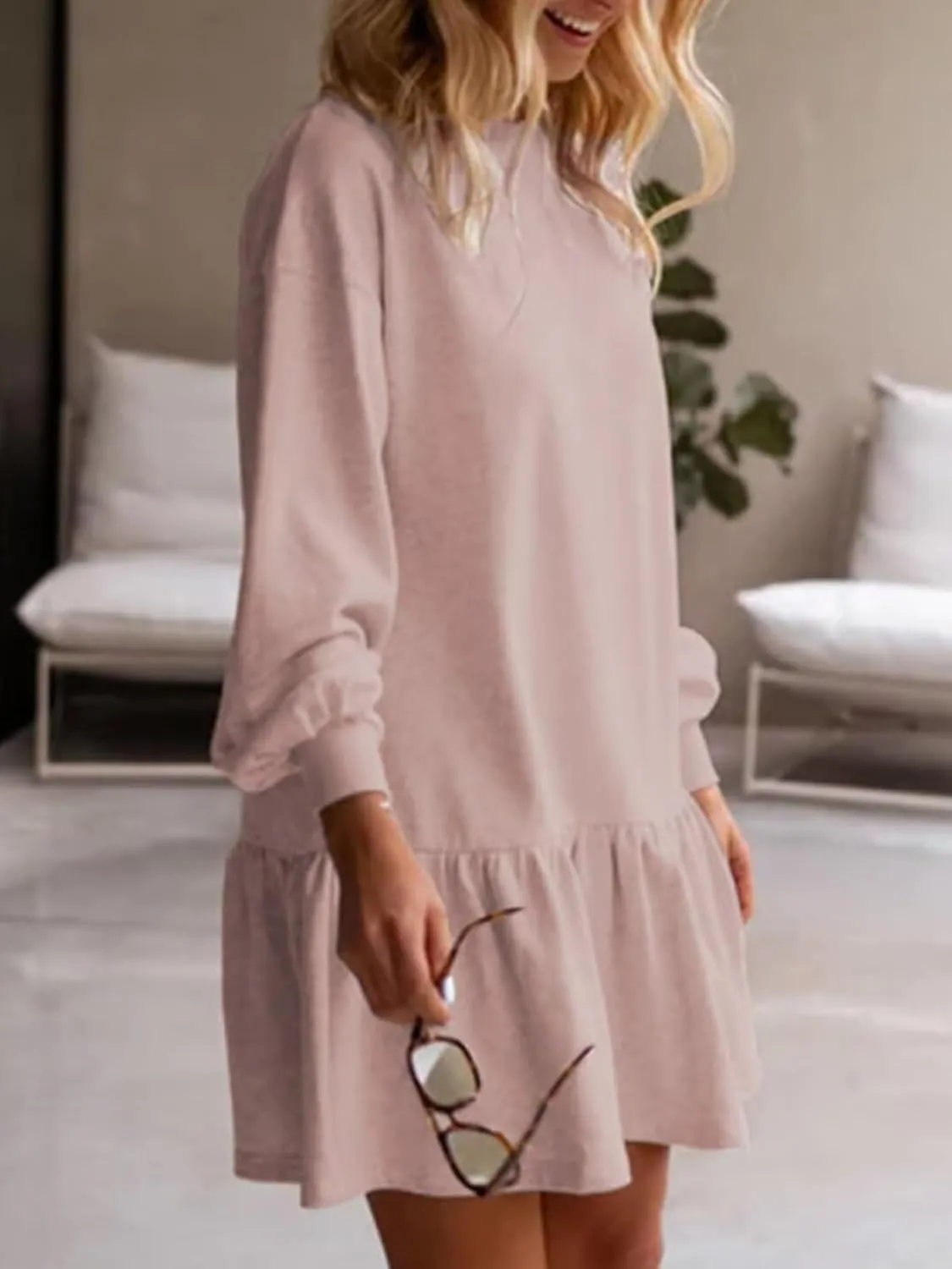 Wowcarbazole Womens Fall Long Sleeve Crewneck Oversized Sweatshirt Dress Casual Loose Fit Solid Color Cute Mini Dresses
