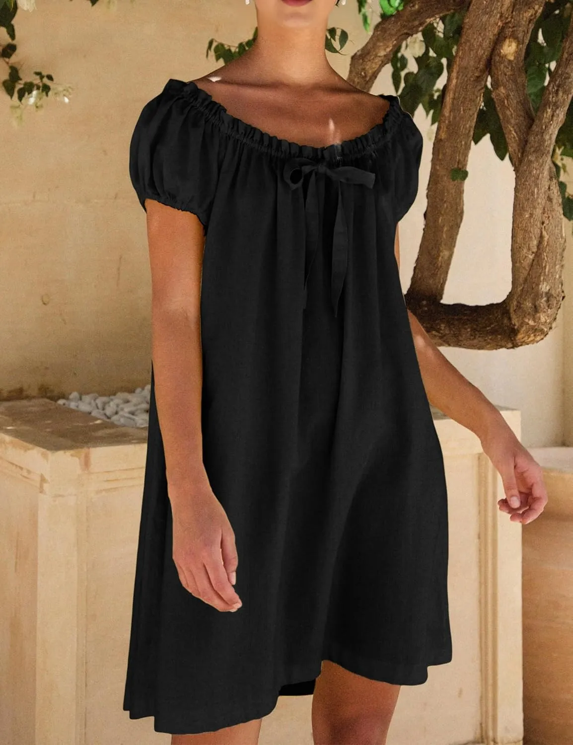 Xiaoxuemeng Womens Dresses Short Sleeve Round Neck Summer Dress Elegant Bow tie Casual Sundress 2025
