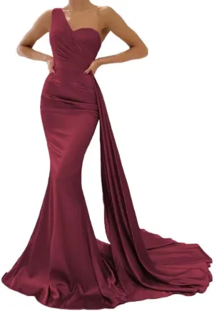 XYAYE Women's One Shoulder Mermaid Bridesmaid Dresses Satin Prom Dress Long Formal Evening Gowns with Train XY030