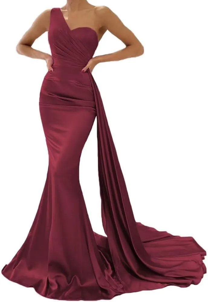 XYAYE Women's One Shoulder Mermaid Bridesmaid Dresses Satin Prom Dress Long Formal Evening Gowns with Train XY030