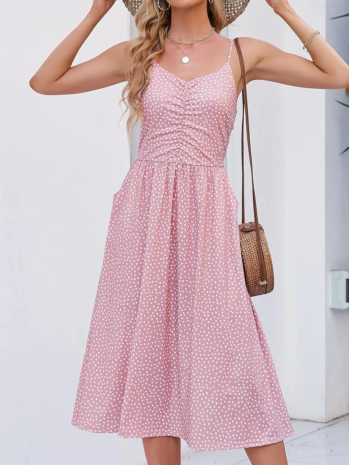 YATHON Summer Dresses for Women Casual Spaghetti Strap V Neck Floral Sundress Flowy Beach Midi Bohemian Dress with Pockets