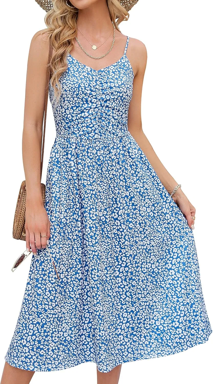 YATHON Summer Dresses for Women Casual Spaghetti Strap V Neck Floral Sundress Flowy Beach Midi Bohemian Dress with Pockets