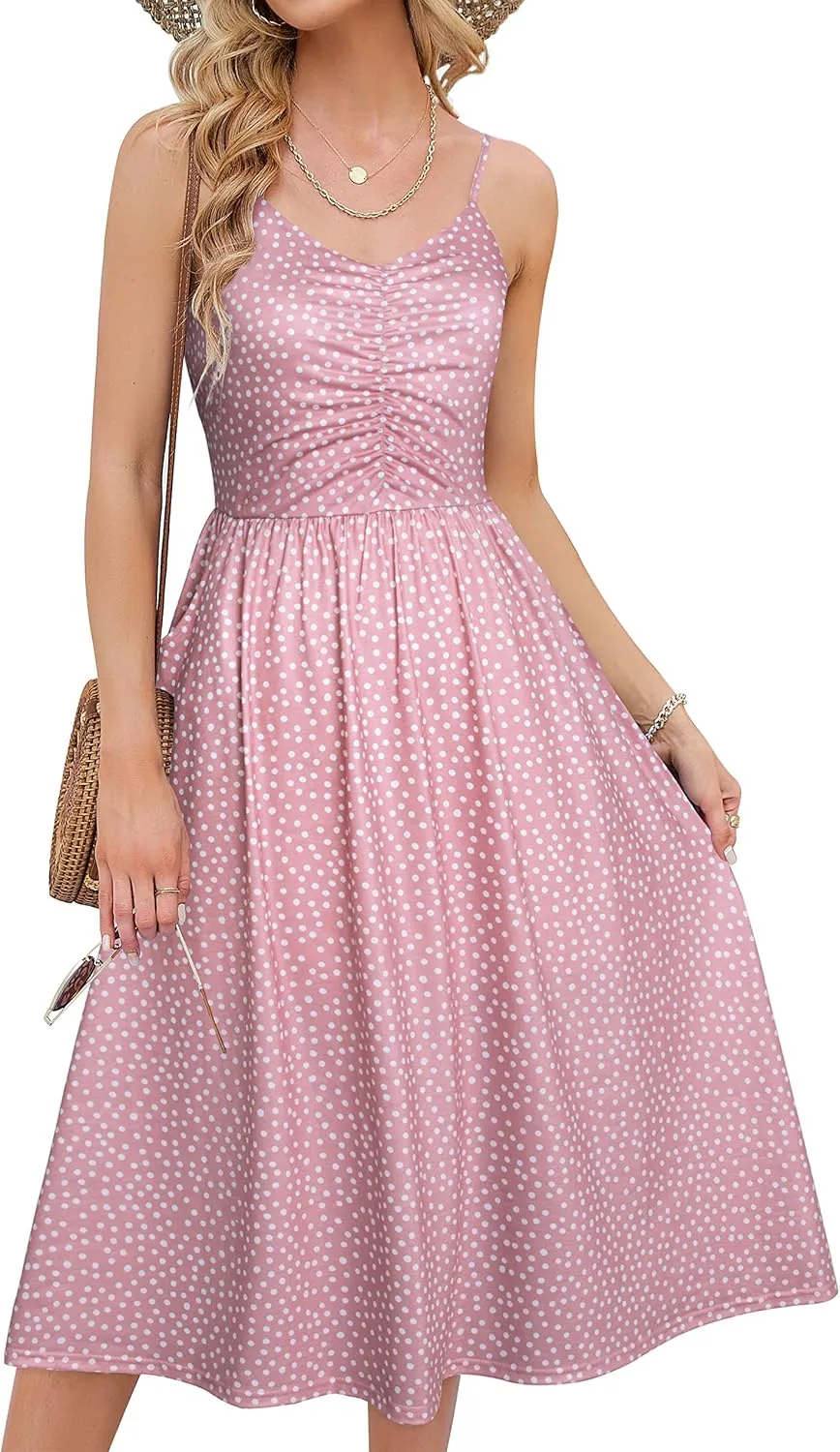 YATHON Summer Dresses for Women Casual Spaghetti Strap V Neck Floral Sundress Flowy Beach Midi Bohemian Dress with Pockets