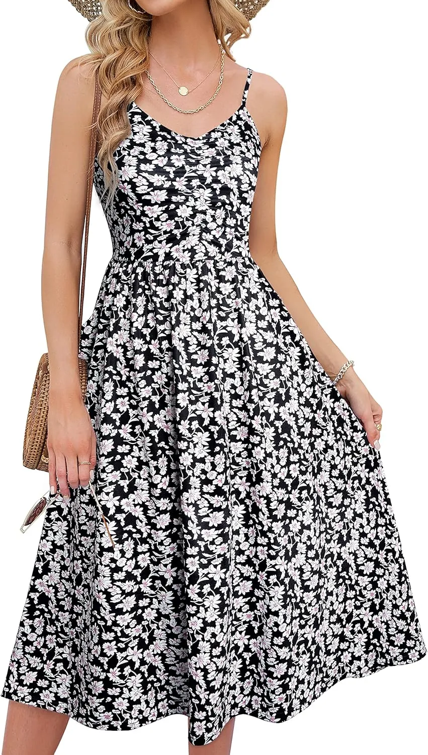 YATHON Summer Dresses for Women Casual Spaghetti Strap V Neck Floral Sundress Flowy Beach Midi Bohemian Dress with Pockets