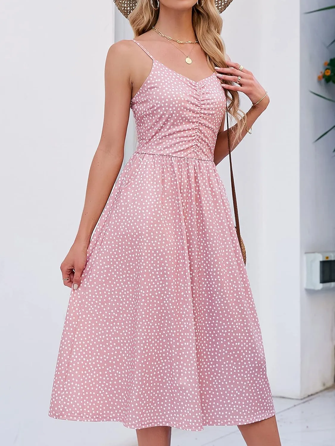YATHON Summer Dresses for Women Casual Spaghetti Strap V Neck Floral Sundress Flowy Beach Midi Bohemian Dress with Pockets