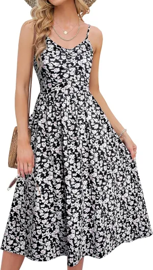YATHON Summer Dresses for Women Casual Spaghetti Strap V Neck Floral Sundress Flowy Beach Midi Bohemian Dress with Pockets