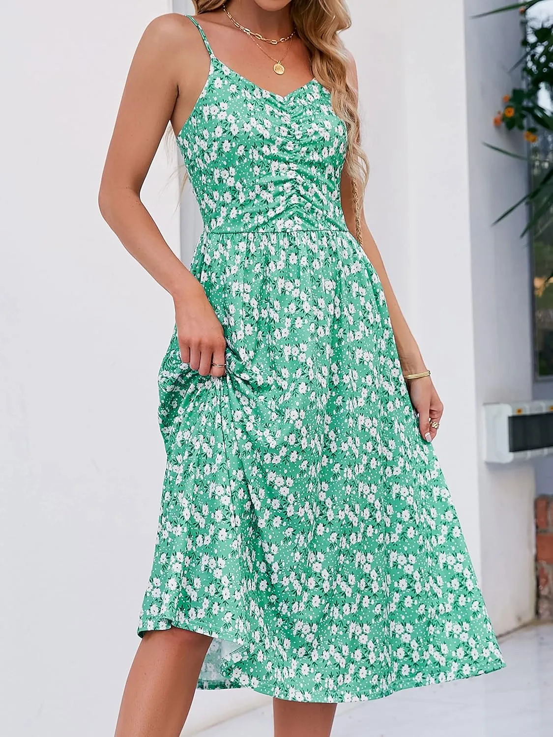 YATHON Summer Dresses for Women Casual Spaghetti Strap V Neck Floral Sundress Flowy Beach Midi Bohemian Dress with Pockets