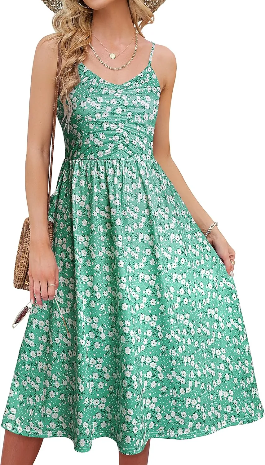 YATHON Summer Dresses for Women Casual Spaghetti Strap V Neck Floral Sundress Flowy Beach Midi Bohemian Dress with Pockets