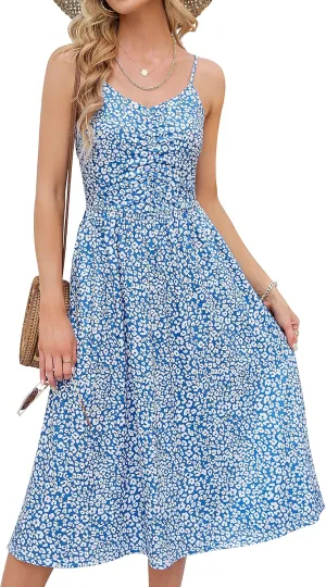 YATHON Summer Dresses for Women Casual Spaghetti Strap V Neck Floral Sundress Flowy Beach Midi Bohemian Dress with Pockets