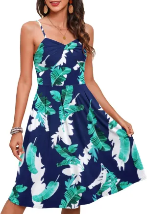 YATHON Women's Casual Summer Dress with Pockets V Neck Cotton Swing Spaghetti Strap Sundress for Beach Wedding Guest Dresses