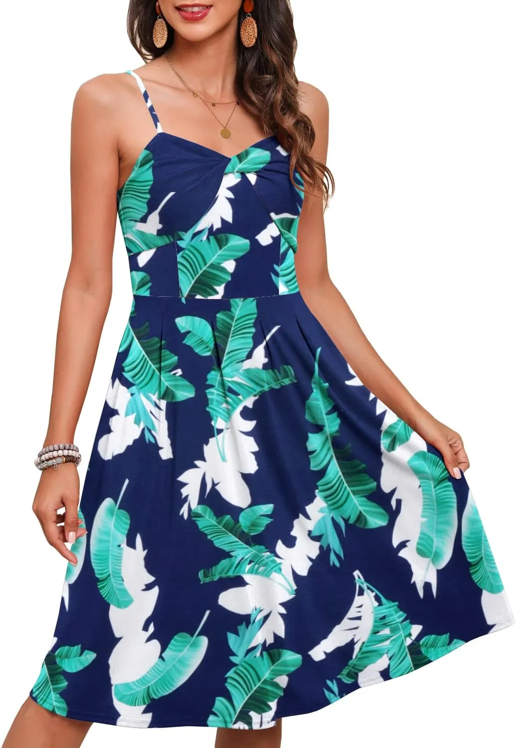 YATHON Women's Casual Summer Dress with Pockets V Neck Cotton Swing Spaghetti Strap Sundress for Beach Wedding Guest Dresses