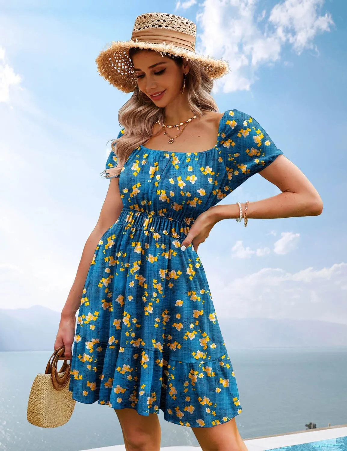 YESNO Women's Summer Short Puff Sleeve Dresses Boho Floral Casual Square Neck A Line Mini Sundresses with Pockets EM0