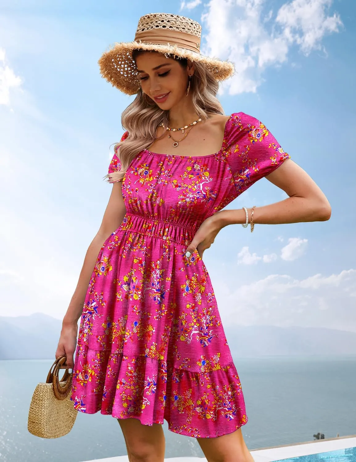 YESNO Women's Summer Short Puff Sleeve Dresses Boho Floral Casual Square Neck A Line Mini Sundresses with Pockets EM0