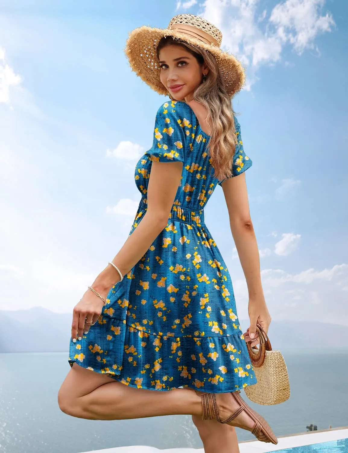 YESNO Women's Summer Short Puff Sleeve Dresses Boho Floral Casual Square Neck A Line Mini Sundresses with Pockets EM0