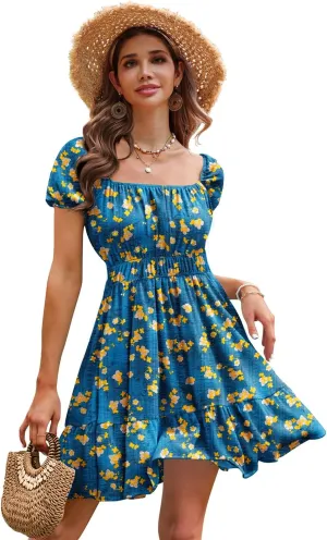 YESNO Women's Summer Short Puff Sleeve Dresses Boho Floral Casual Square Neck A Line Mini Sundresses with Pockets EM0