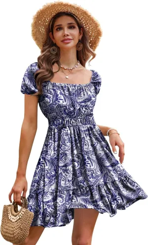 YESNO Women's Summer Short Puff Sleeve Dresses Boho Floral Casual Square Neck A Line Mini Sundresses with Pockets EM0