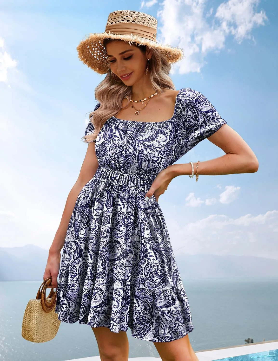 YESNO Women's Summer Short Puff Sleeve Dresses Boho Floral Casual Square Neck A Line Mini Sundresses with Pockets EM0