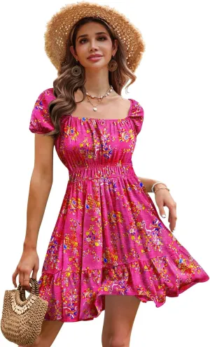 YESNO Women's Summer Short Puff Sleeve Dresses Boho Floral Casual Square Neck A Line Mini Sundresses with Pockets EM0