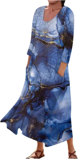 Yesunpxs 3/4 Sleeve Dresses for Women Summer Flowy Long Dress Casual Beach Sundresses Printed Boho Maxi Dresses with Pockets