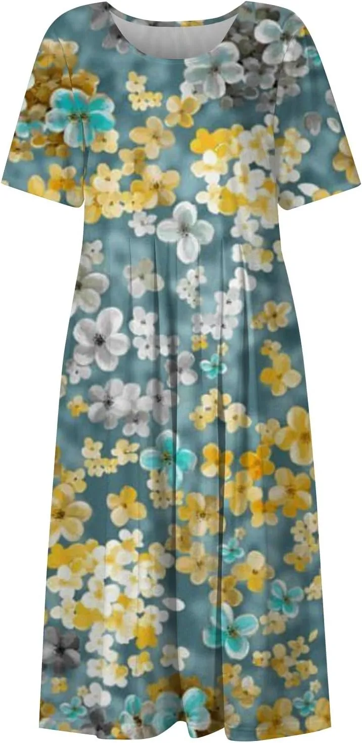 Yesunpxs Summer Dresses for Women Floral Print Loose Sundresses Short Sleeves Round Neck Beach Dress Casual Maxi Dress with