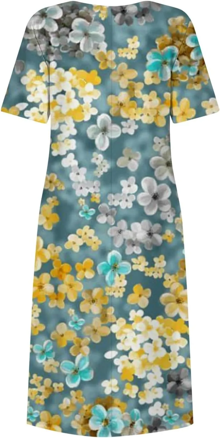 Yesunpxs Summer Dresses for Women Floral Print Loose Sundresses Short Sleeves Round Neck Beach Dress Casual Maxi Dress with