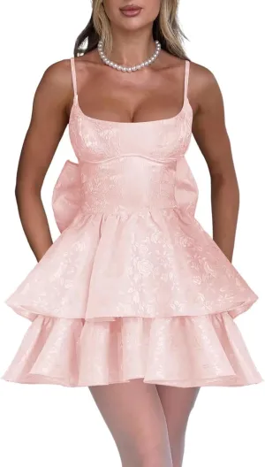 YOFF Spaghetti Straps Homecoming Dresses with Bow Jacquard Floral Satin A Line Midi Formal Cocktail Dresses YO167
