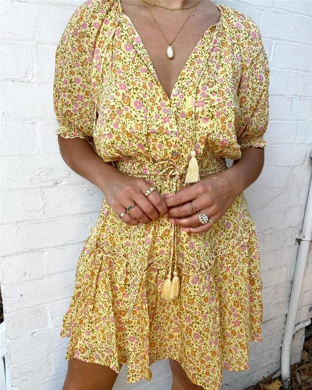 Youllyuu Women Floral Print Tie Neck High Elastic Beach Bohemian Sundress Ruffles Mini Dress