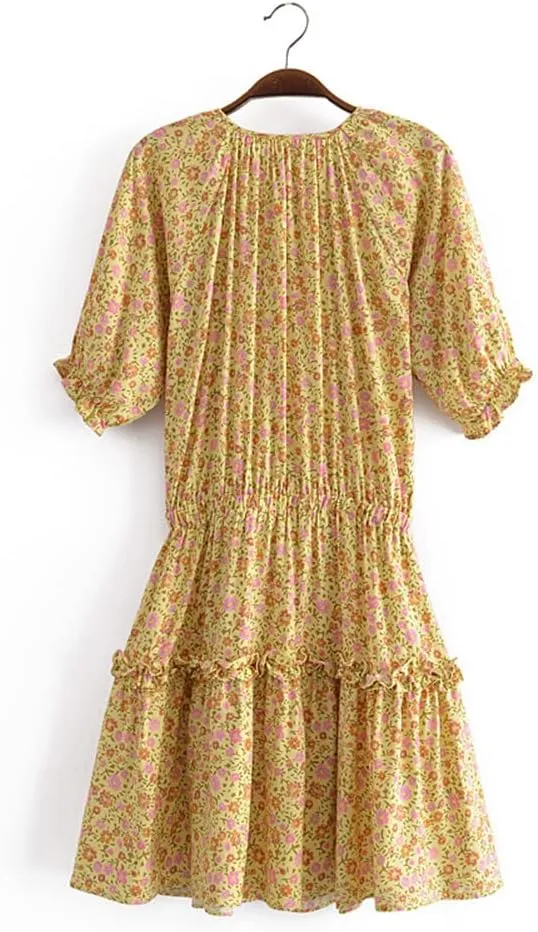 Youllyuu Women Floral Print Tie Neck High Elastic Beach Bohemian Sundress Ruffles Mini Dress