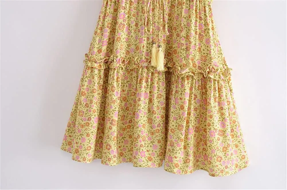 Youllyuu Women Floral Print Tie Neck High Elastic Beach Bohemian Sundress Ruffles Mini Dress
