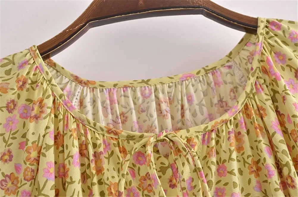 Youllyuu Women Floral Print Tie Neck High Elastic Beach Bohemian Sundress Ruffles Mini Dress
