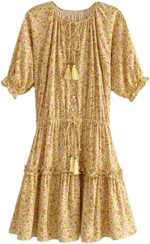 Youllyuu Women Floral Print Tie Neck High Elastic Beach Bohemian Sundress Ruffles Mini Dress
