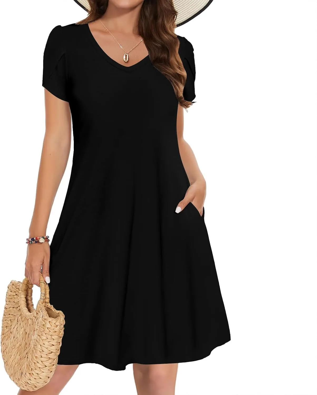 YRAETENM Summer Dresses for Women 2025 Casual Mini Short Sleeve A-Line Dress Flowy Swing Vocation Beach Sundress with Pockets