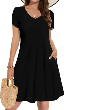 YRAETENM Summer Dresses for Women 2025 Casual Mini Short Sleeve A-Line Dress Flowy Swing Vocation Beach Sundress with Pockets